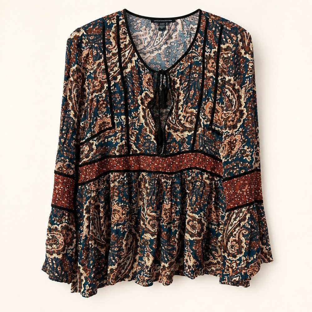 American Eagle Blouse Size M Multi Color Velvet Trim Boho Festival Maximalist